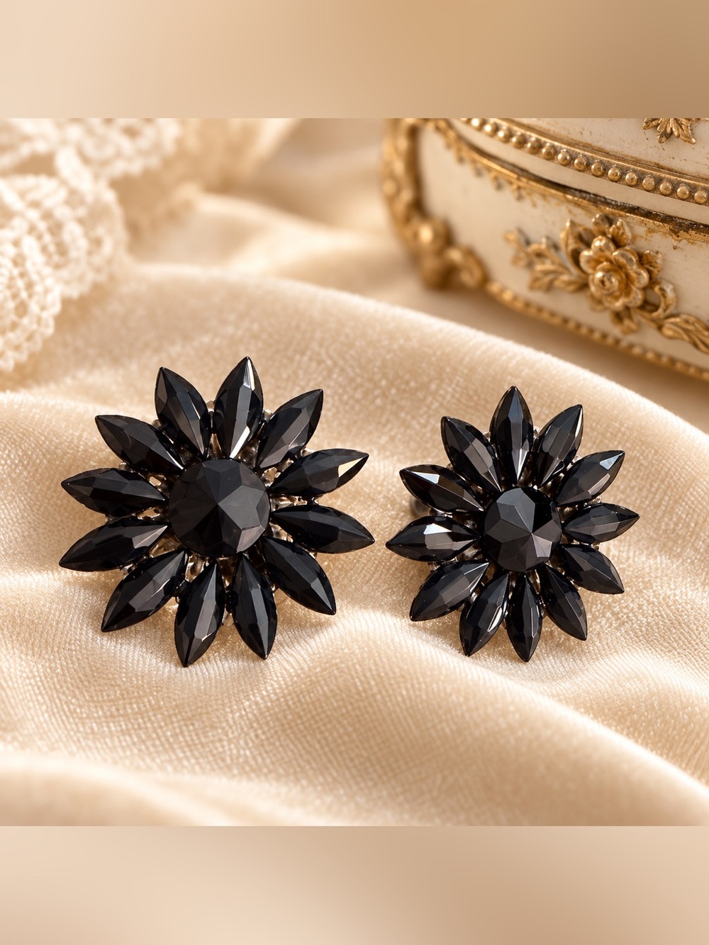 Vintage FRANCE Black Floral Statement clip on Earrings